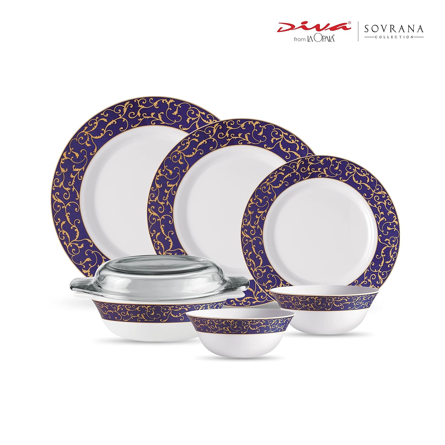 La Opala Diva Sovrana Collection Opal Glass Crockery | For Family of 6 | Dinner Set 35 pcs Anassa Blue | Plates & Bowls for Dining | Microwave Safe | 100% Vegetarian | Extra Strong | Light & White