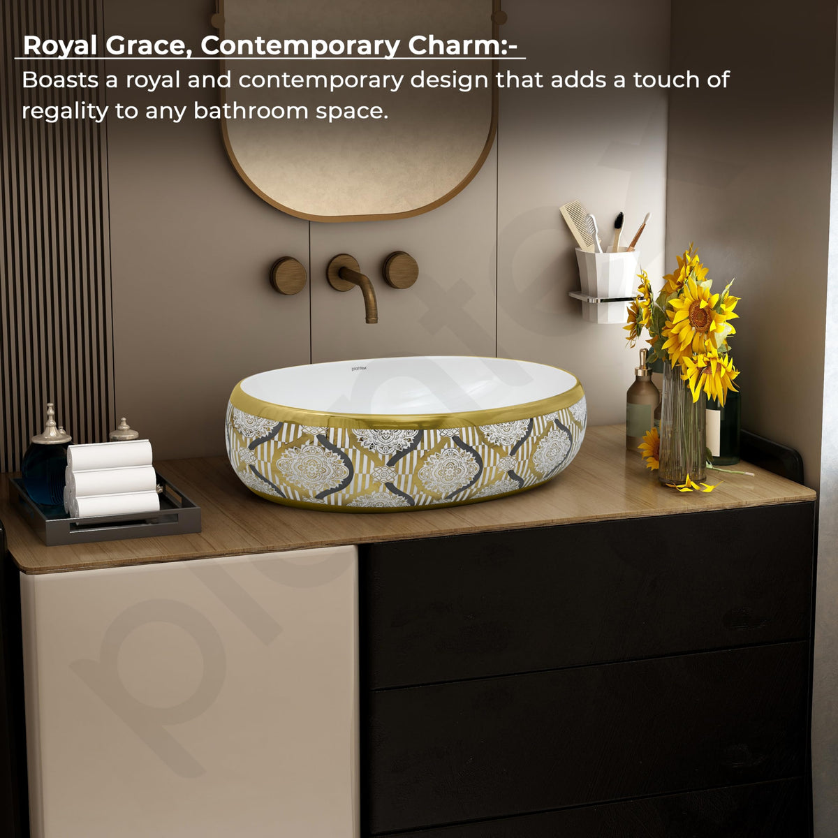 Plantex Tabletop Wash Basin for Bathroom/Designer Ceramic Basin/Vessel Sink Basin for Home/Office/Hotel (23.5 x 16 x 7 Inch - White & Gold)-5