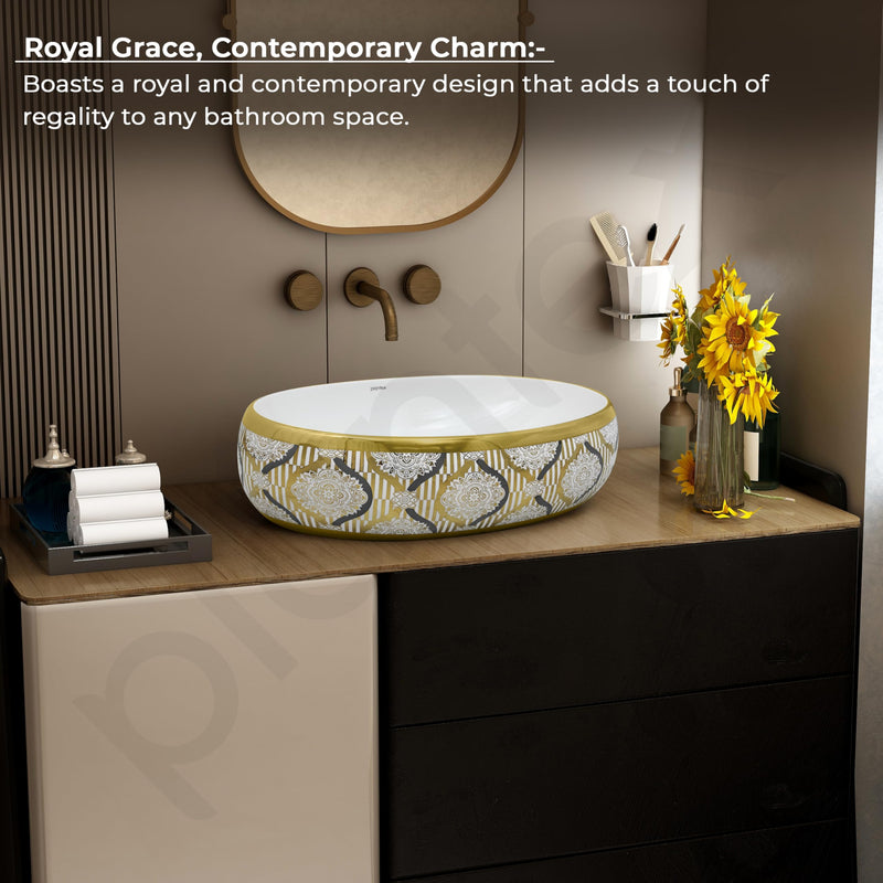 Plantex Tabletop Wash Basin for Bathroom/Designer Ceramic Basin/Vessel Sink Basin for Home/Office/Hotel (23.5 x 16 x 7 Inch - White & Gold)-5