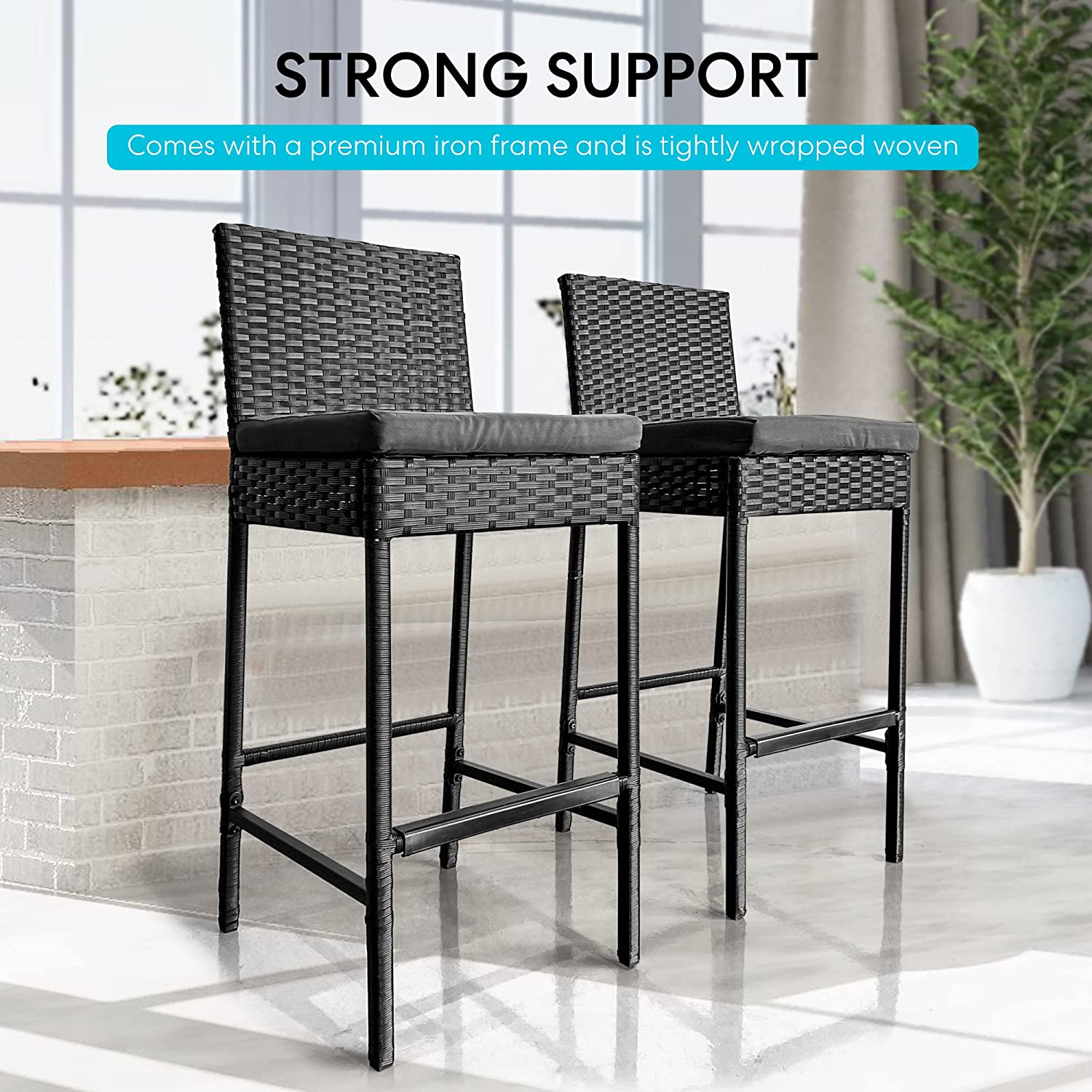 Mazzanti Outdoor Patio Bar Chair 2 Chairs For Balcony (Black)