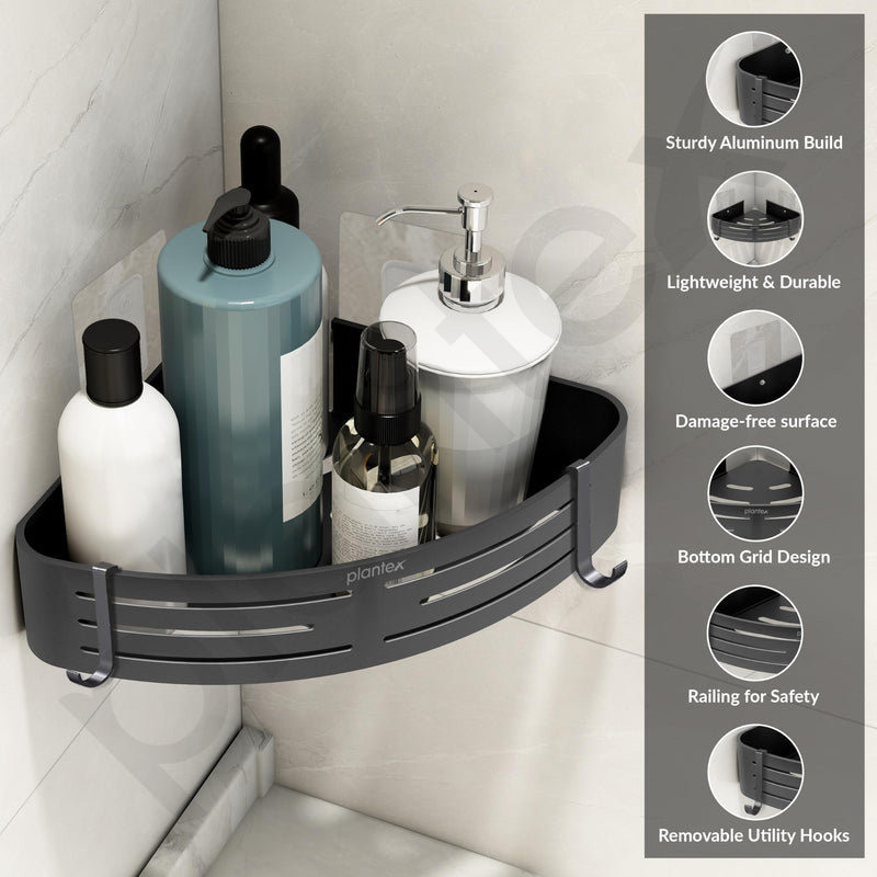 Plantex No Drill Corner Shelf for Bathroom Wall/Aluminium Self Adhesive Shelf/Bathroom Side Corner Shelf with Removable Hooks (9x9 inches, Matt Grey) - Pack of 2-5