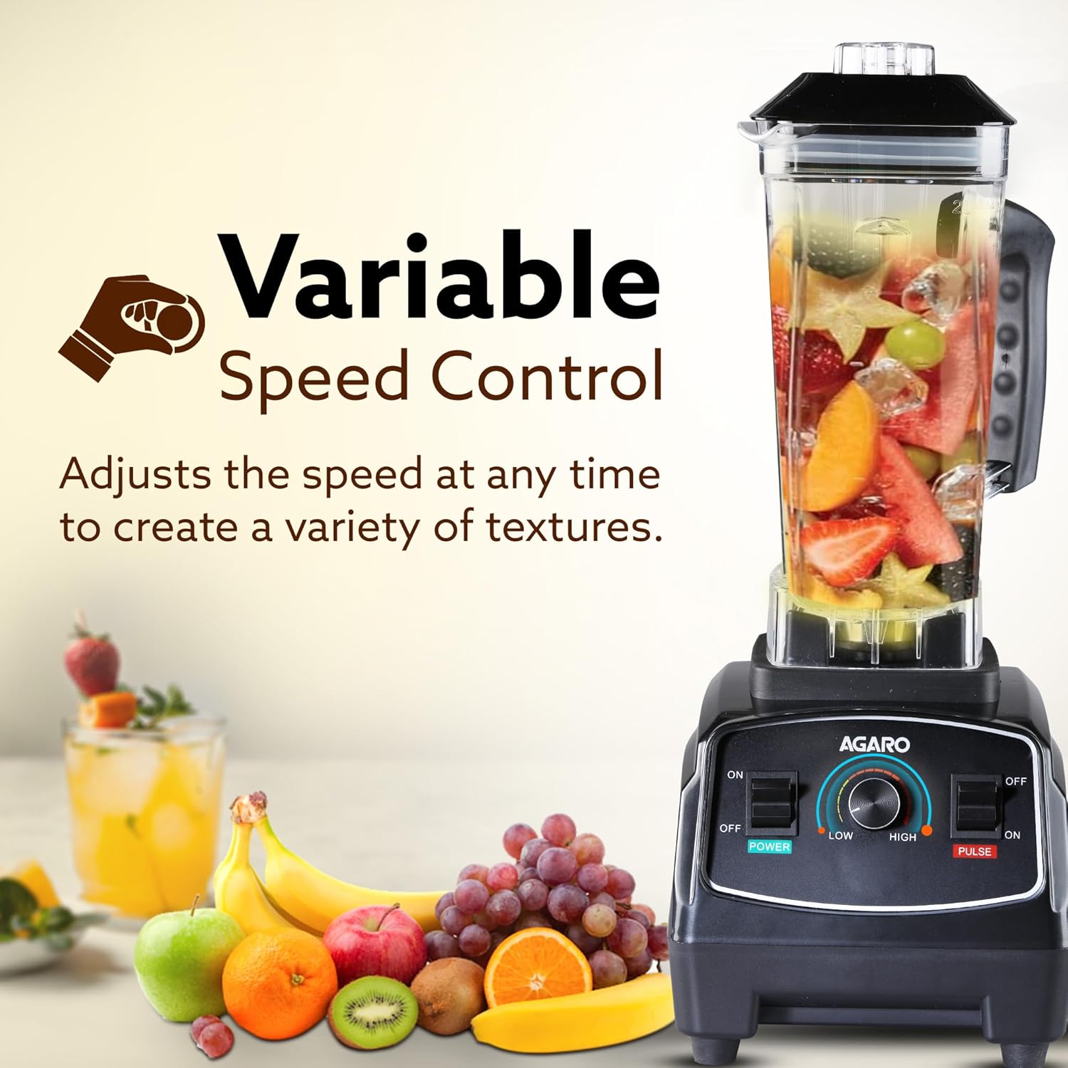 AGARO Grand Professional Blender/Grinder/Mixer, 2000 watts, 2 Litres BPA Free Jar, Commercial heavy duty blender, High Power & Speed Blender, 100% Copper Motor, Pulse Function, 8 Leaf SS Blade