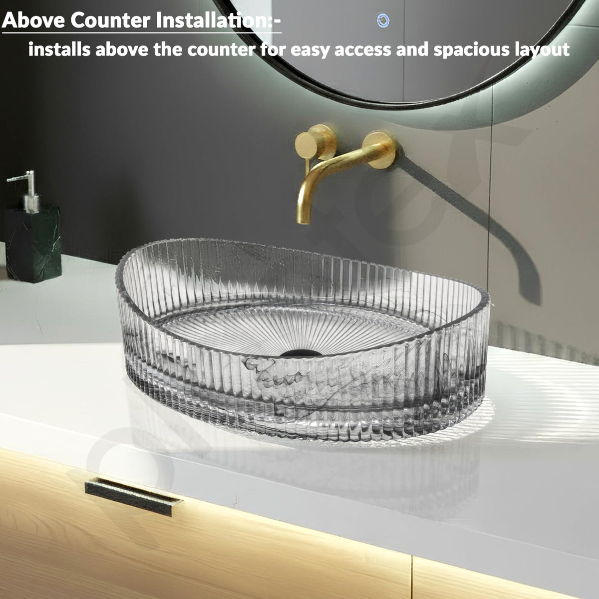 Plantex Transparent Glass Basin for Bathroom/Tabletop Round Wash Basin/Luxury Countertop Basin for Home/Office/Hotel (Somky - 20 x15 x 5.5 inch)-2