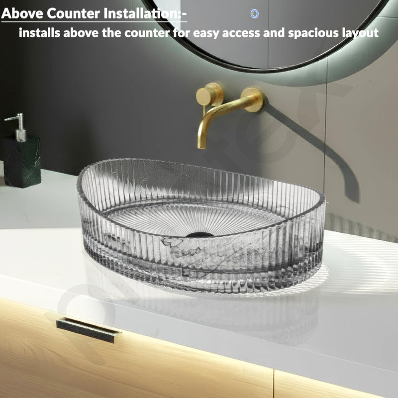 Plantex Transparent Glass Basin for Bathroom/Tabletop Round Wash Basin/Luxury Countertop Basin for Home/Office/Hotel (Somky - 20 x15 x 5.5 inch)-2