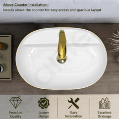 Plantex Oval Washbasin/Countertop Sink for Bathroom/Tabletop Wash Basin for Restaurant/Hotel/Hotel (24x16.5x5 Inch - White & Gold)-5