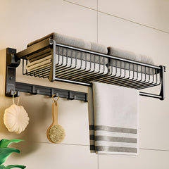 Plantex Aluminum Folding Towel Holder Rack for Bathroom, Rod with Hooks and Accessories, Black, 24 inches-1