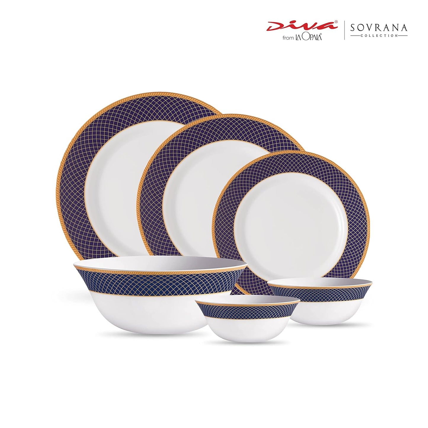 La Opala Diva Sovrana Collection Opal Glass Crockery | for Family of 6 | Dinner Set 27 pcs Regent Blue | Plates & Bowls for Dining | Microwave Safe | 100% Vegetarian | Extra Strong | Light & White