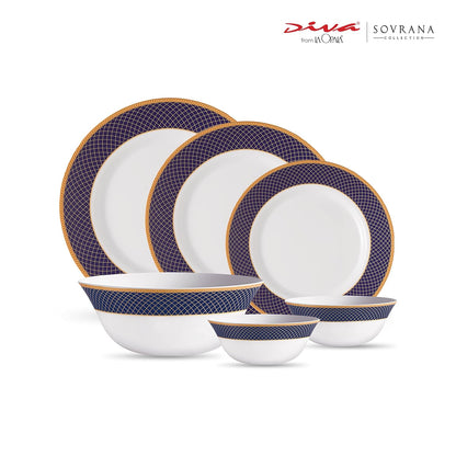 La Opala Diva Sovrana Collection Opal Glass Crockery | for Family of 6 | Dinner Set 27 pcs Regent Blue | Plates & Bowls for Dining | Microwave Safe | 100% Vegetarian | Extra Strong | Light & White
