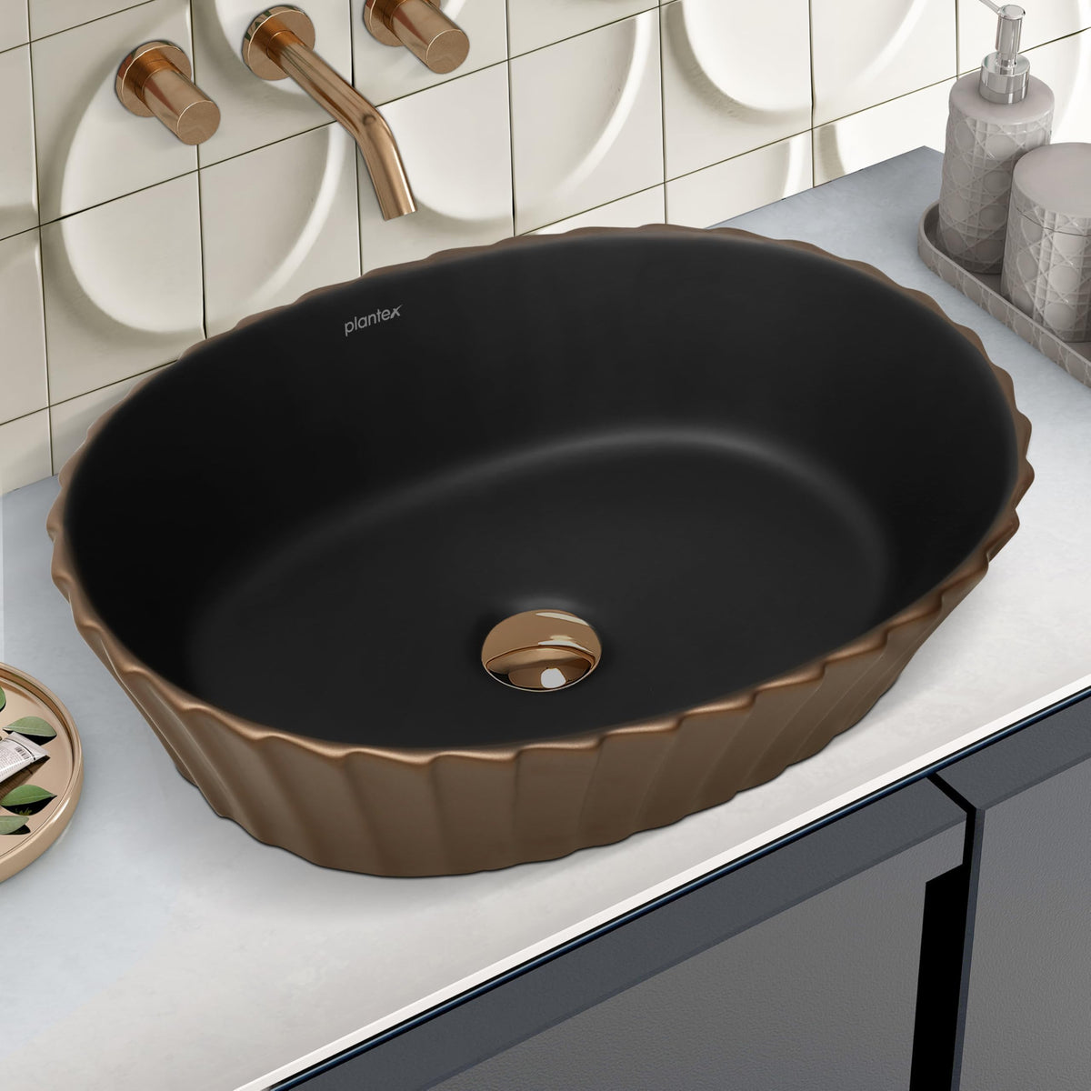 Plantex Table Top Wash Basin/Designer Ceramic Basin/Oval Basin for Bathroom/Home/Office/Hotel (Black & Red Copper - 19 x 15 x 5 Inch)