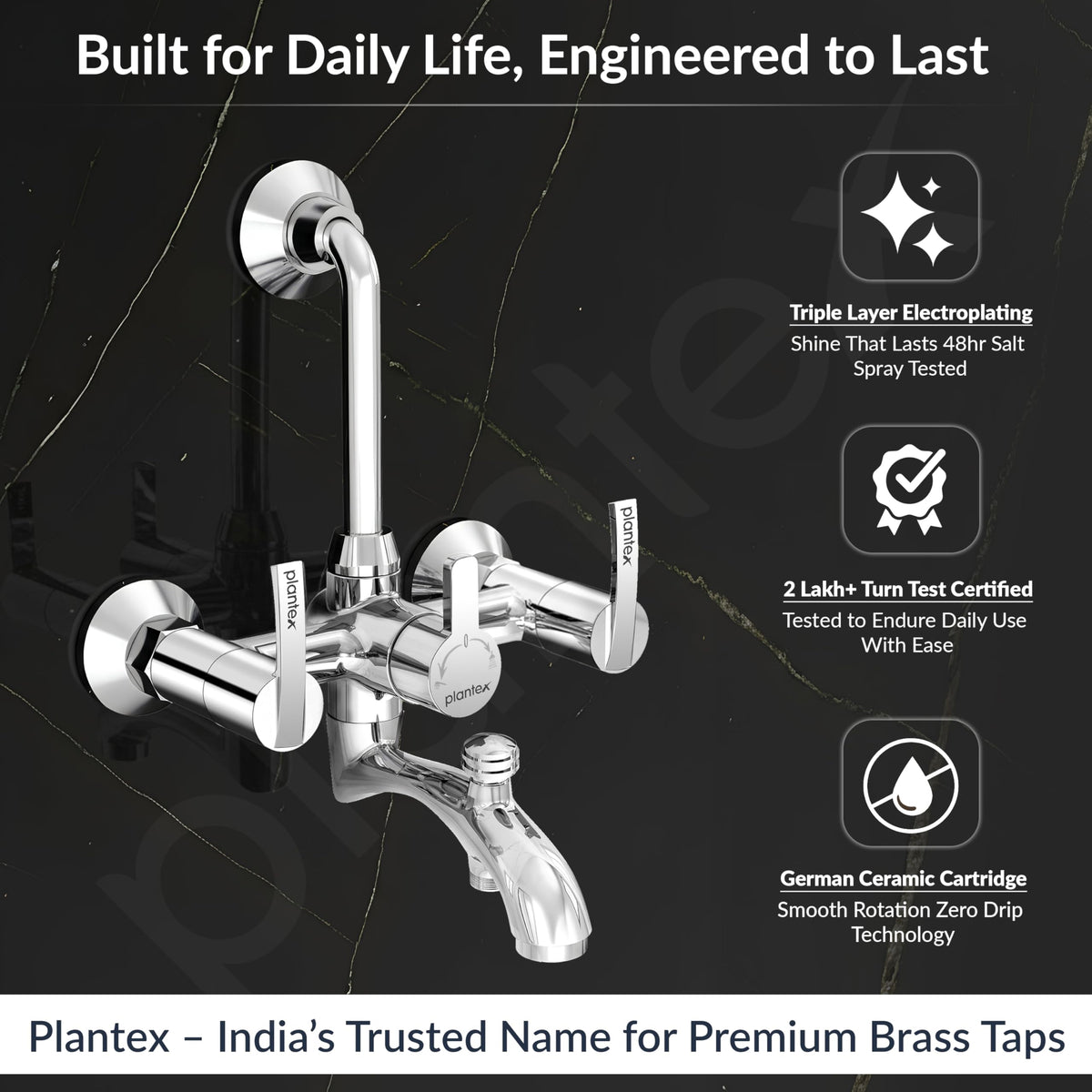 Plantex Pure Brass 3 In 1 Wall Mixer for Bathroom with L-Bend Provision for Overhead and Hand Shower/Water Saving Nozzle for Mixer Tap with Brass Wall Flange (Aq-1419-Chrome)