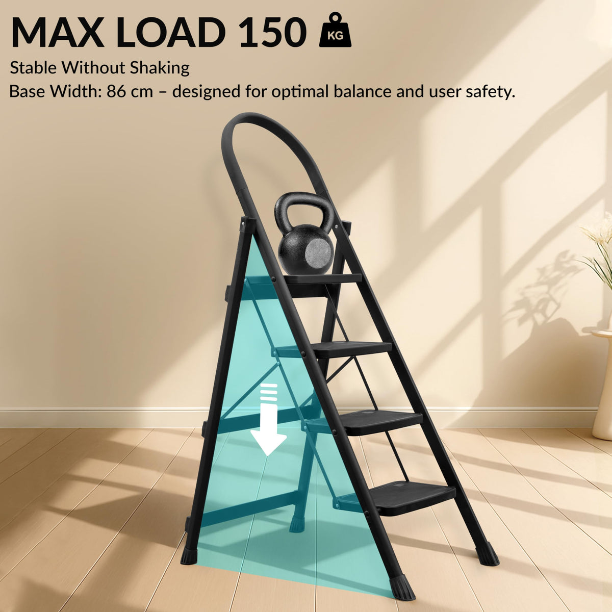 Plantex Hercules Pro 4-Step Foldable Ladder for Home with 150 kg Load Capacity/Heavy-Duty Steel Ladder/Anti-Slip Wide Step/Strong, Stable & Multi-Purpose (Black)-4