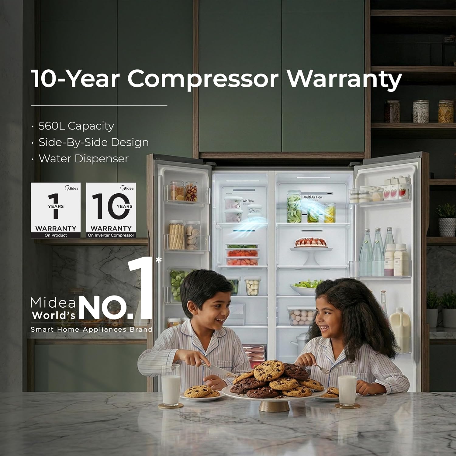 Midea 560 L Side by Side Refrigerator, Inverter Compressor, Multi Air Flow Cooling, Water Dispenser (MDRS704FGF46 Frost Free, Energy Efficient, Large Capacity, Bru-Steel Finish)