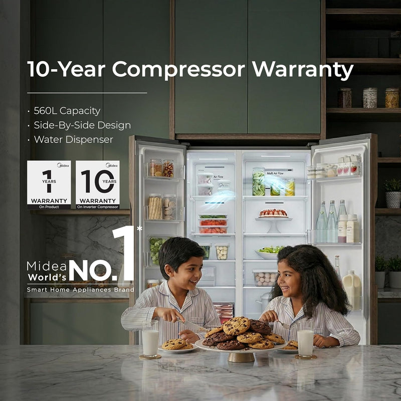 Midea 560 L Side by Side Refrigerator, Inverter Compressor, Multi Air Flow Cooling, Water Dispenser (MDRS704FGF46 Frost Free, Energy Efficient, Large Capacity, Bru-Steel Finish)