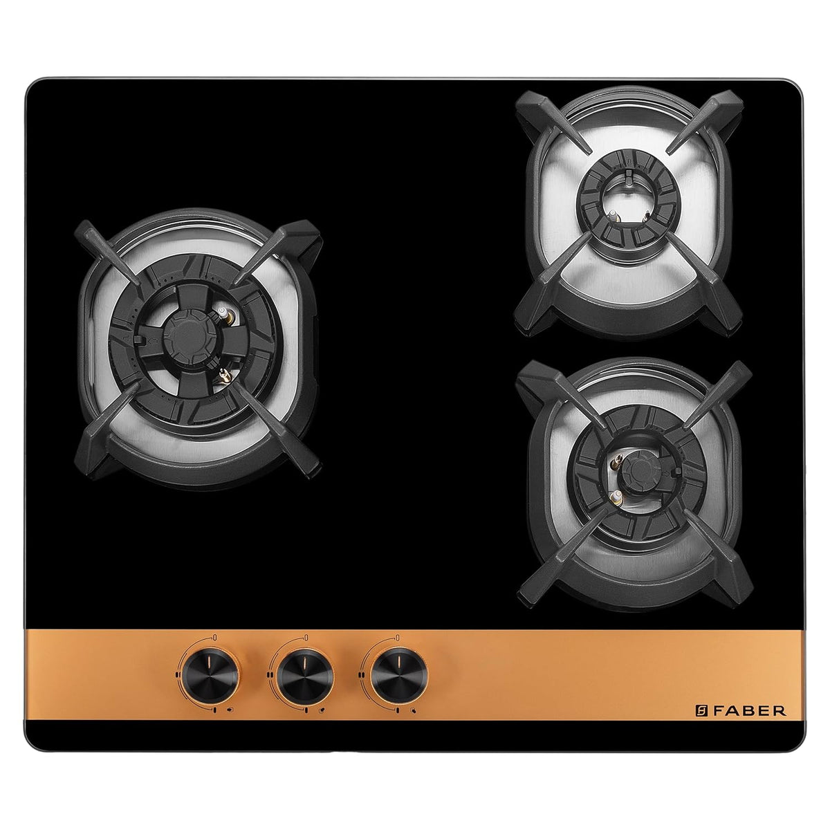 Faber 60cm 3Burner Gas Hob | Flame Failure Device | Cast Iron Pan Support | Metal Knobs | Dual Flame Burner | 8mm Toughe