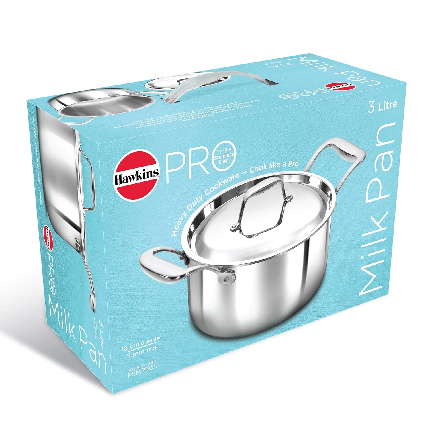 Hawkins 3 Litre Pro TriPly Stainless Steel Milk Pan with Stainless Steel Lid, Milk Pot, Sauce Pan, Silver (PSMP30S)