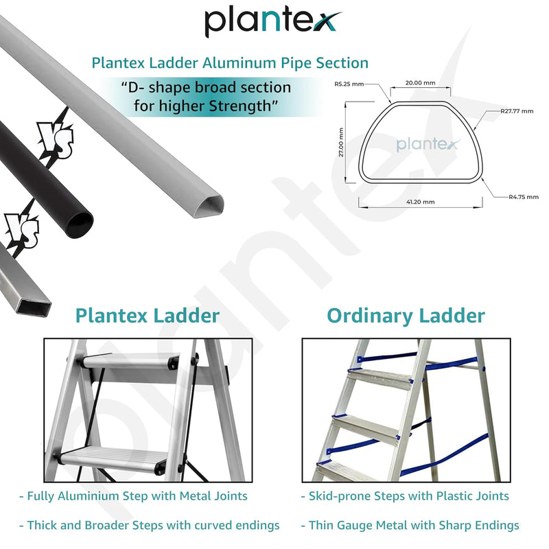 Plantex Surestep 4 Step Aluminum Ladder for Home/Non-Slip Wide-Step Foldable Ladder with Knee Guard, PVC Shoes and Cross Bars (Anodize-Silver)