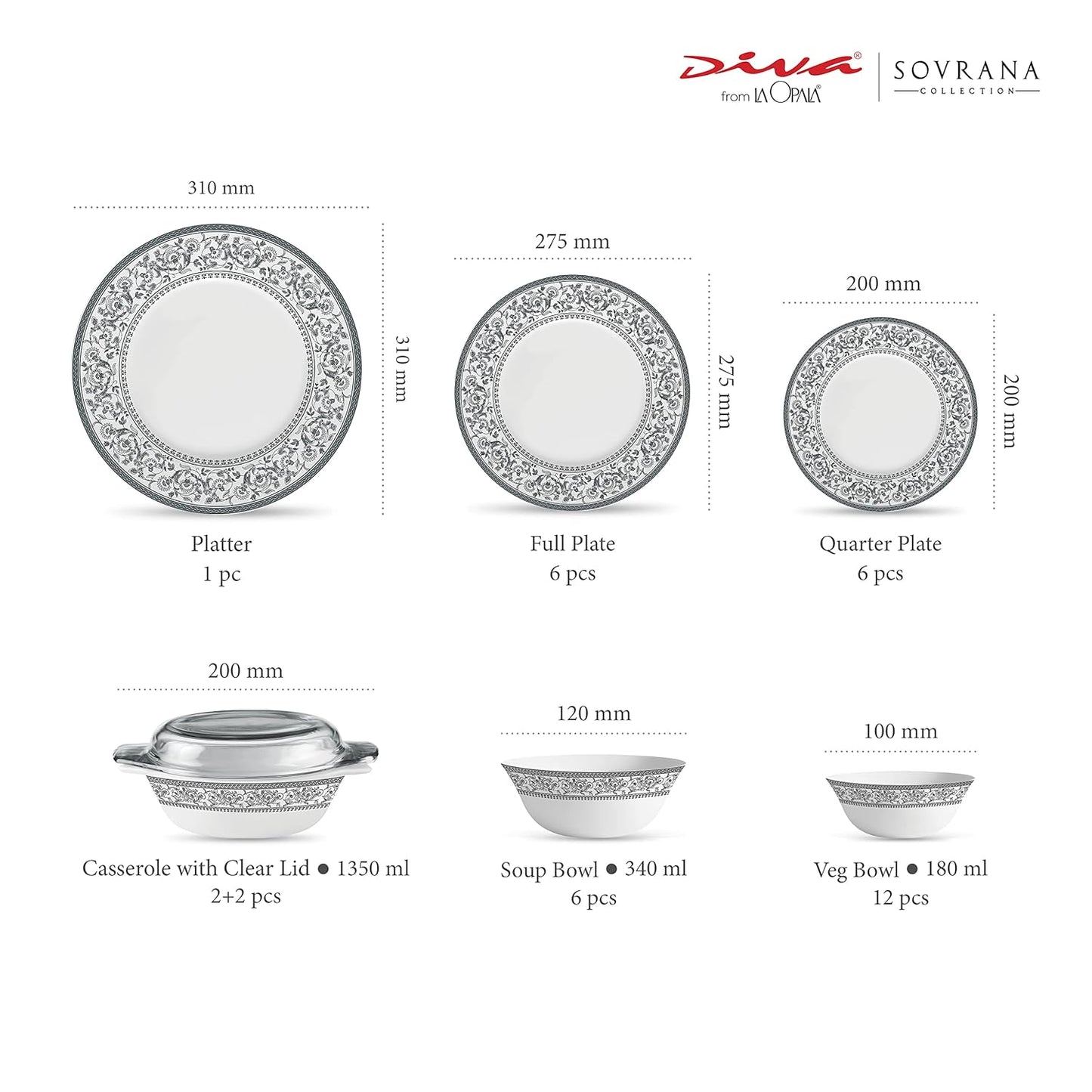 La Opala Diva Sovrana Collection Opal Glass Crockery | for Family of 6 | Dinner Set 35 pcs Persian Grey | Plates & Bowls for Dining | Microwave Safe | 100% Vegetarian | Extra Strong | Light & White
