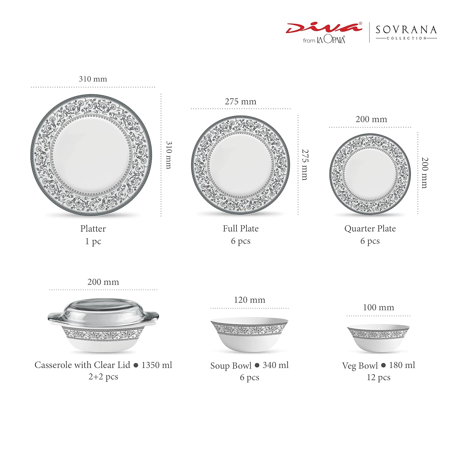 La Opala Diva Sovrana Collection Opal Glass Crockery | for Family of 6 | Dinner Set 35 pcs Persian Grey | Plates & Bowls for Dining | Microwave Safe | 100% Vegetarian | Extra Strong | Light & White
