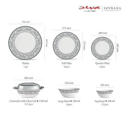 La Opala Diva Sovrana Collection Opal Glass Crockery | for Family of 6 | Dinner Set 35 pcs Persian Grey | Plates & Bowls for Dining | Microwave Safe | 100% Vegetarian | Extra Strong | Light & White