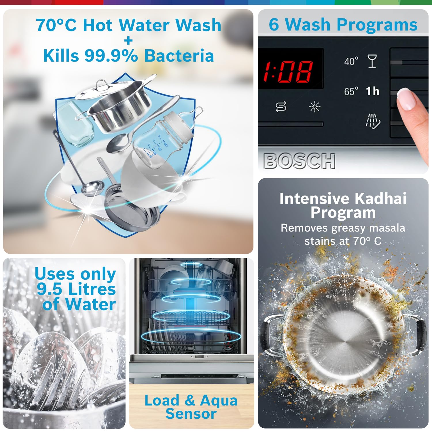 Bosch 14 Place Setting Dishwasher with Intensive Kadhai Program, 70⁰ Hot water wash, 3-Stage Adjustable Upper Rack, No Pre-Rinse (SMS46KI03I, Silver, Glass Protection Technology)