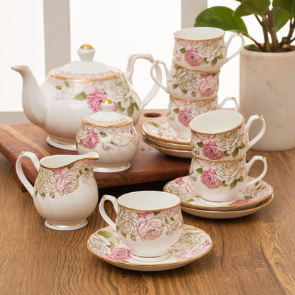 Clay Craft Gold Print Premium Fine Ceramic Tea Set of 15 Pcs (1 Kettle + 6 Cups + 6 Saucers + 1 Milk Pot + 1 Sugar Pot) (Design 6 - Rose(R512))