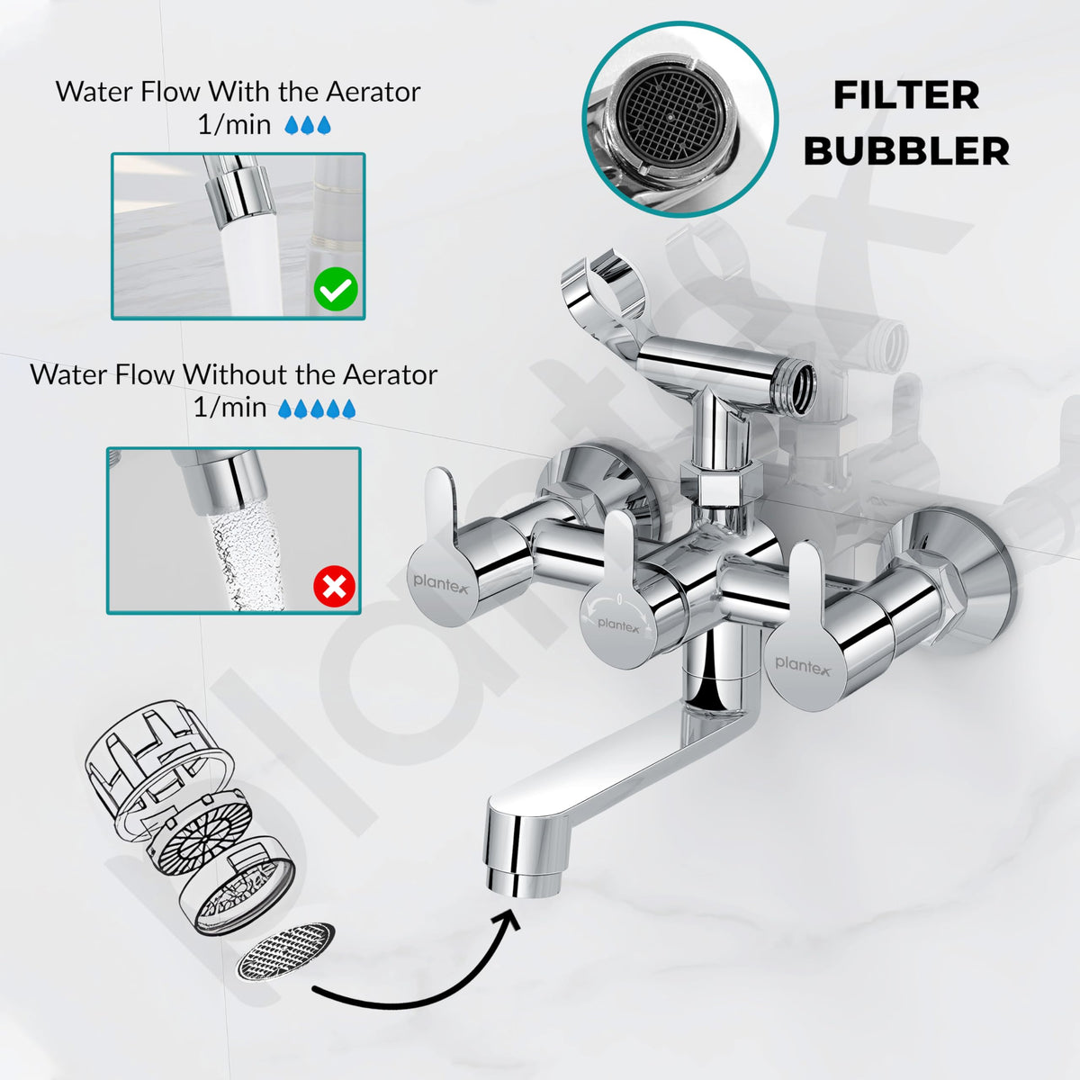 Plantex Telephonic Brass Wall Mixer for Bathroon 2 in 1/Hand Shower 8 Modes/1.5 mtr. Hose Pipe with Self Adhesive Bracket/Bathroom Accessories-2