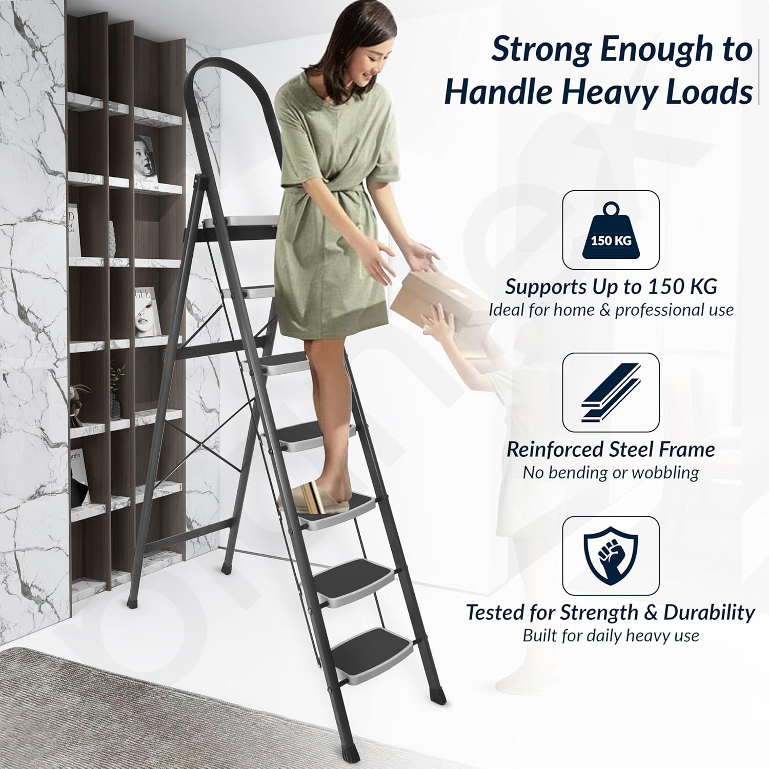 Plantex Steel 7 Step Ladder for Home/Wide Anti Skid 7 Step Ladder Foldable/5 Year Manufacturer Warranty (Gray & White)