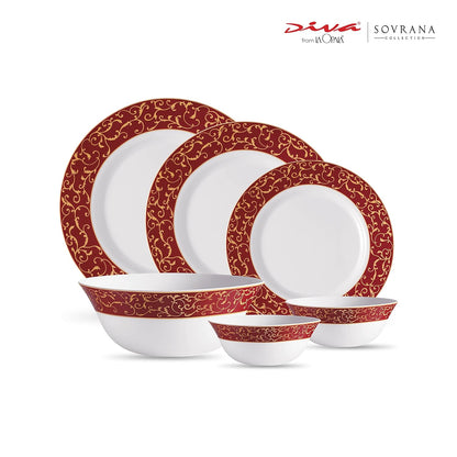 La Opala Diva Sovrana Collection Opal Glass Crockery | for Family of 6 | Dinner Set 27 pcs Anassa Red | Plates & Bowls for Dining | Microwave Safe | 100% Vegetarian | Extra Strong | Light & White