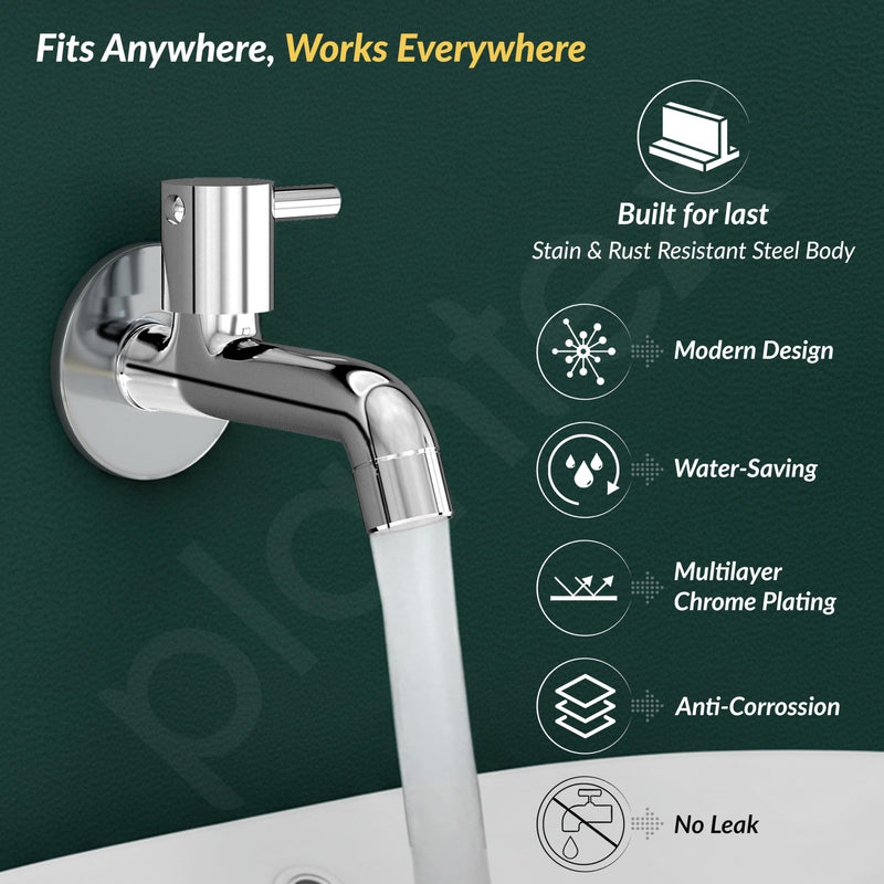 Plantex Long Body Bib Cock for Bathroom with Water Saving Aerator/Brass Spindle Bib Tap with Wall Flange and Teflon Tape (MKS-1272-Chrome)-2