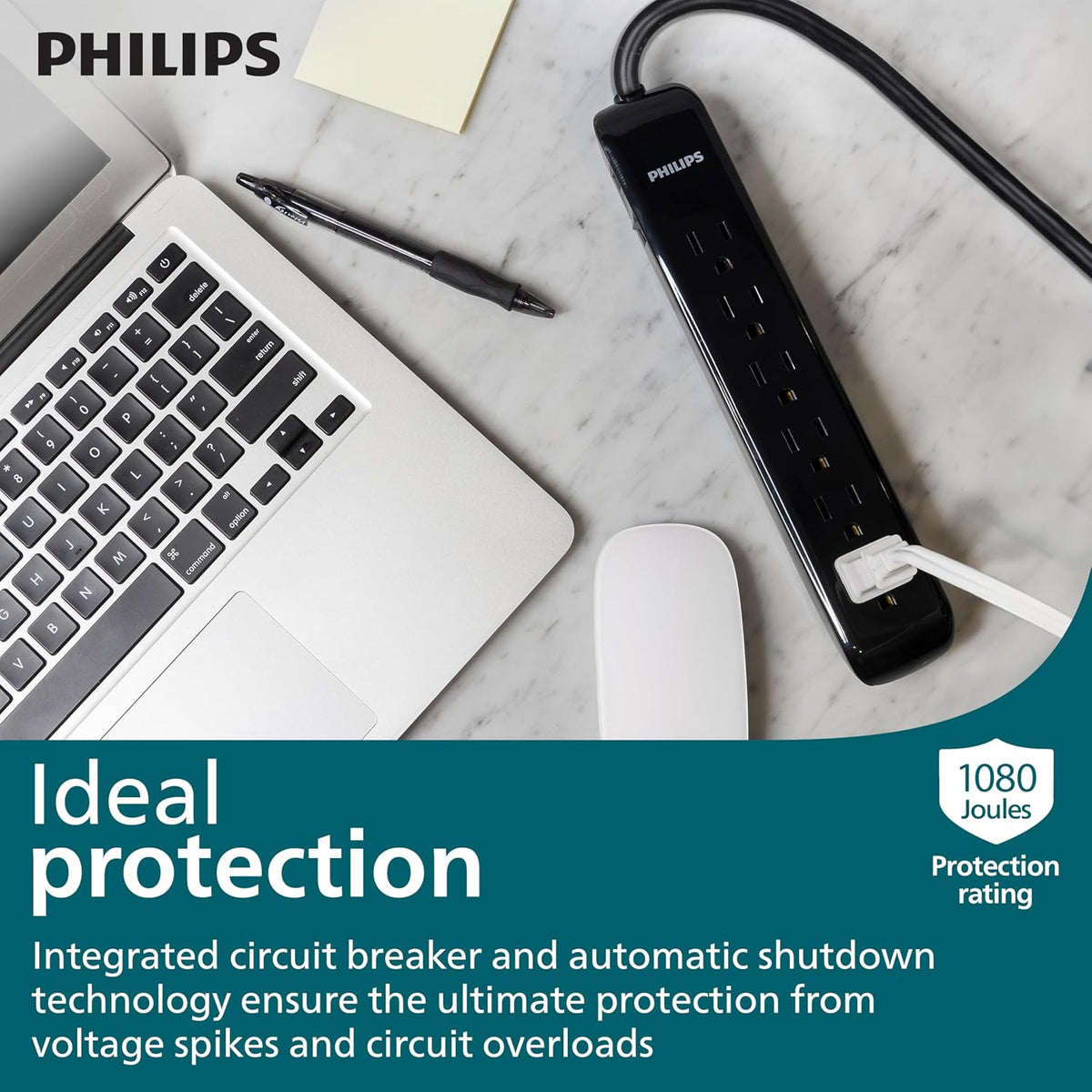 Philips 6 Outlet Surge Protector, 10 ft Extension Cord, Strip 1080 Joules, Flat Plug, Wall Mounted (SPP6110BC/37)