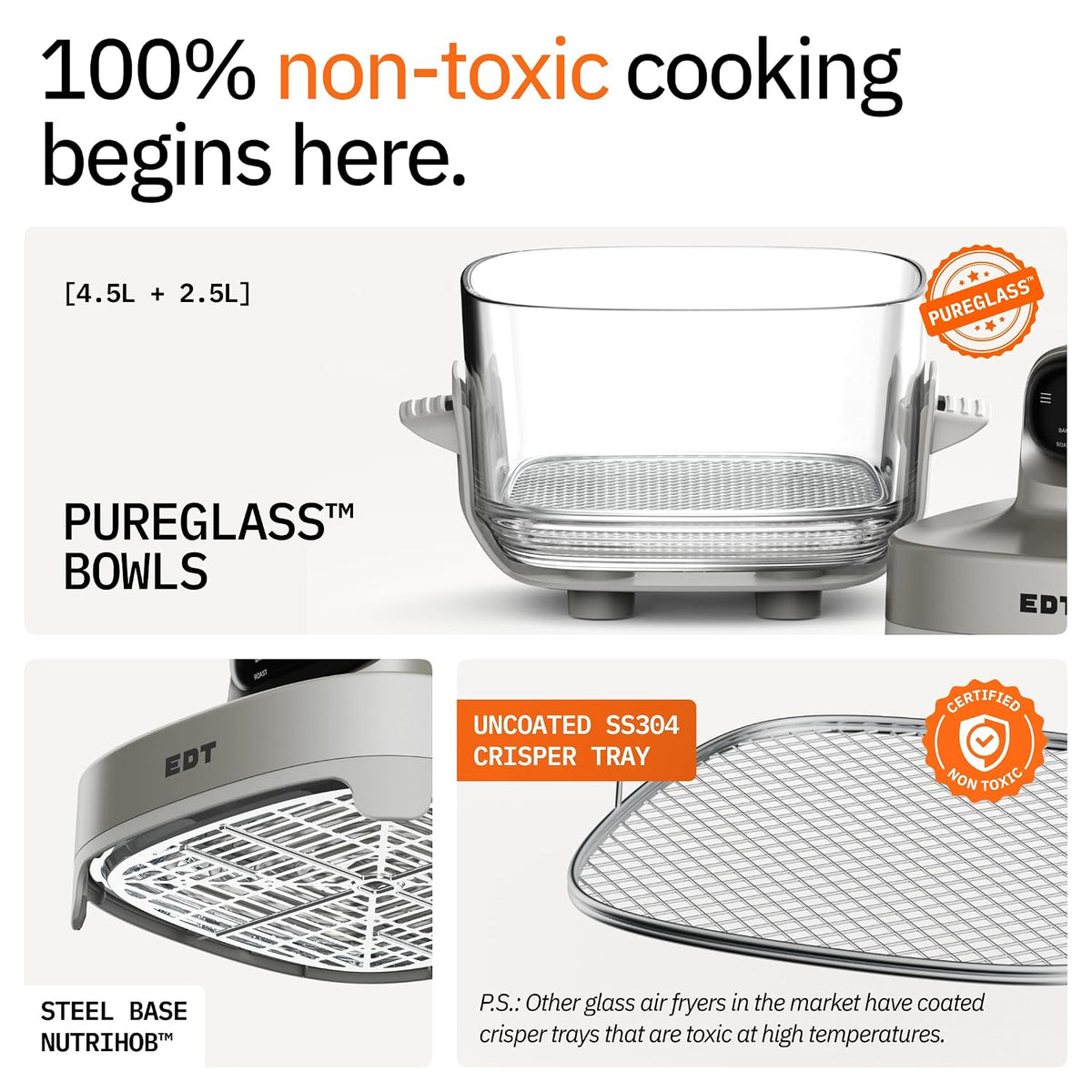 EDT Luma PureGlass™ 4.5L + 2.5L Dual Bowl Air Fryer Oven | ZERO COATING,100% Toxin Free, No Ceramic, PFAS, PTFE, PFOA | 6-in-1 Multi Function | 1500W | NutriRetain™