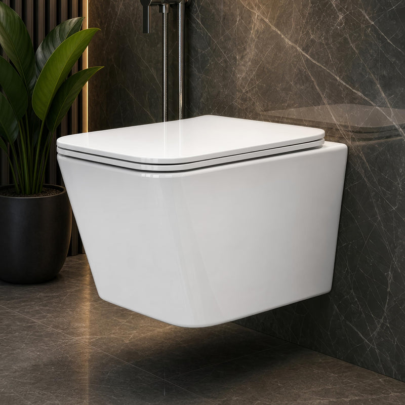 Plantex Wall Mounted Commode/Imported Italica Ceramic Rimless Square Washdown Western Toilet/P Trap Commode with Soft Close Seat Cover (Glossy White)-1
