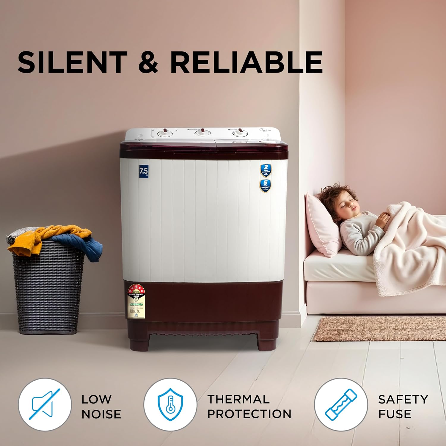 Midea 7.5 kg 5 star Semi Automatic Top Loading Washing Machine, Maroon, Rust proof Body, Air Dry Function (MWMSA075PPG(MW), Rat Away Feature)