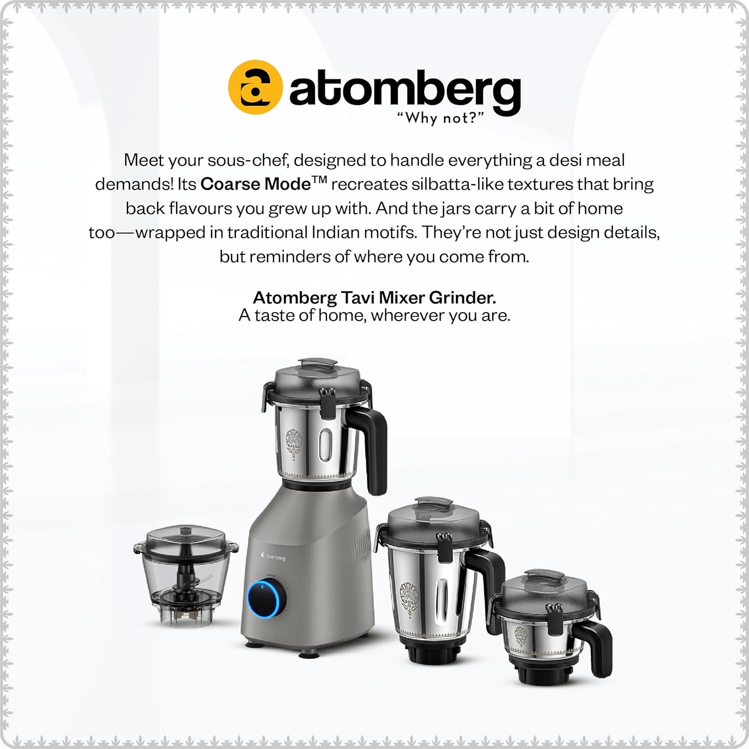 Atomberg Tavi Mixer Grinder | 𝟏𝟏𝟎𝐕 𝐎𝐧𝐥𝐲 𝐟𝐨𝐫 𝐔𝐒 & 𝐂𝐚𝐧𝐚𝐝𝐚 | Unique Coarse Mode for Silbatta-Like Texture | Intelligent 600W Motor | 4 Jars Including Chopper Jar | Matte Sand Grey