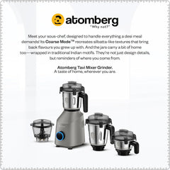 Atomberg Tavi Mixer Grinder | 𝟏𝟏𝟎𝐕 𝐎𝐧𝐥𝐲 𝐟𝐨𝐫 𝐔𝐒 & 𝐂𝐚𝐧𝐚𝐝𝐚 | Unique Coarse Mode for Silbatta-Like Texture | Intelligent 600W Motor | 4 Jars Including Chopper Jar | Matte Sand Grey