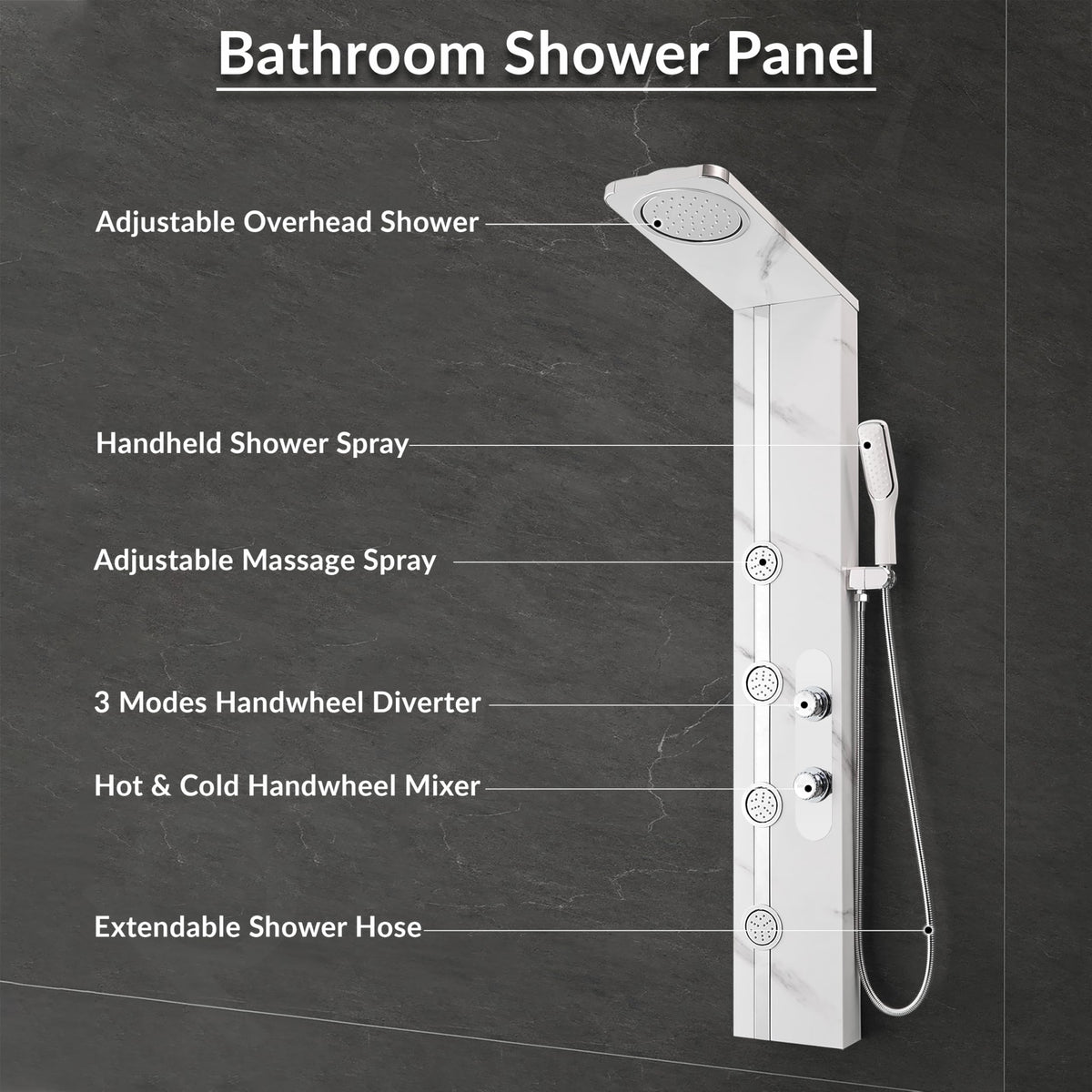 Plantex SS-304 Marble Textured Shower Panel for Bathroom with Showerhead/Hand Shower with Hose Pipe & Clamp/Body Massage Jets/Bathroom Shower System -(KM-8099)-2