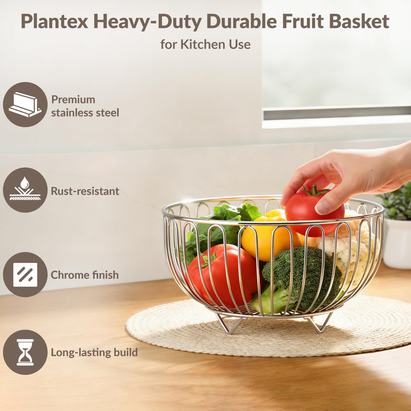 Plantex Stainless Steel Fruit Basket for Dining Table/Onion Potato Rack for Kitchen/Wired Fruit Bowl for Countertop Storage Chrome Finish-3
