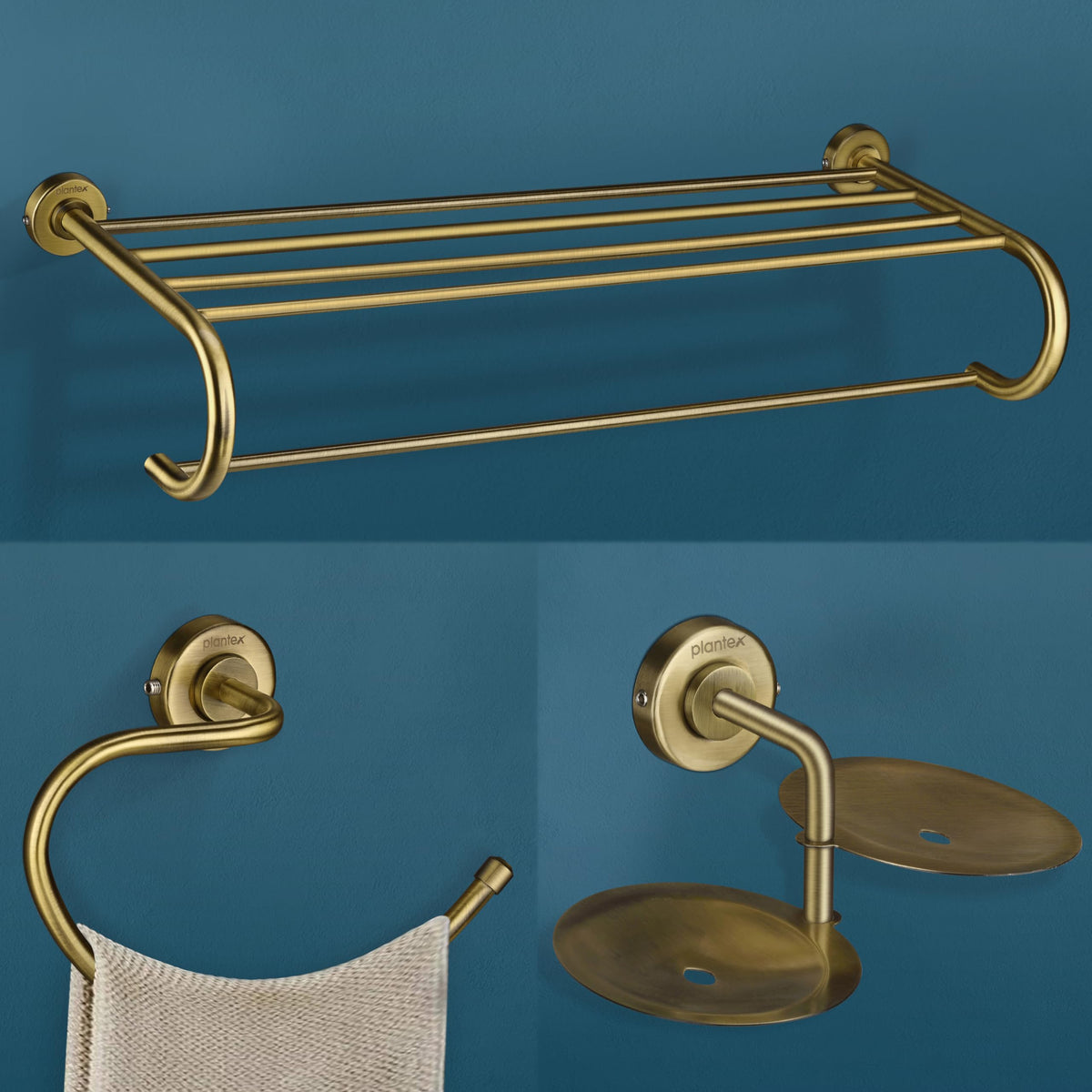 Plantex 304 Grade Stainless Steel Bathroom Accessories Set of 3 - Towel Stand/Napking Hanger/Dual Soap Holder for Bathroom - Daizy (Brass Antique)-1