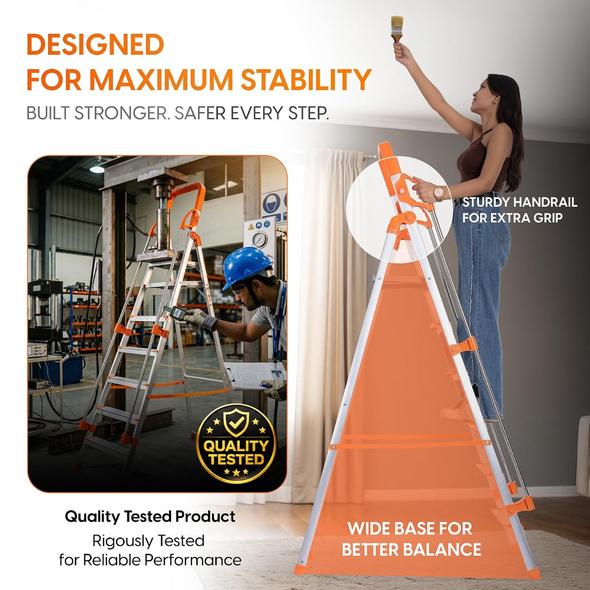 PROHOME Aluminium Ladder for Home 8 Steps Foldable with Railing & Anti-Skid Wide Steps | 8 Step Ladder for Home Use, Kitchen & Household | 270 Kg Capacity Folding Ladder | 5 Year Warranty (Orange)