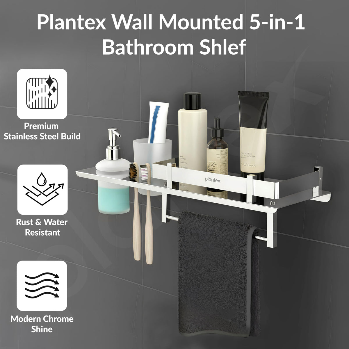Plantex Stainless Steel 4in1 Multipurpose Bathroom Shelf/Bathroom Steel Rack with Tumbler Holder, Towel Rod and Liquid Soap Dispenser Chrome (18x5 inches)-3