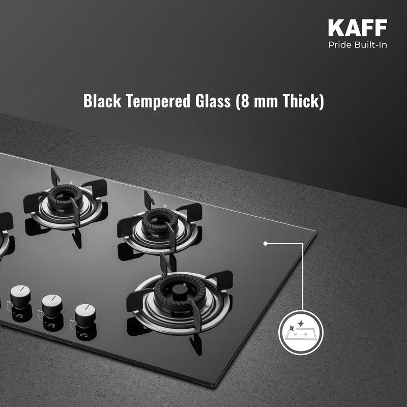Kaff CRH804 4 Burner Built-in Gas Hob | 80 cm Black Toughened Glass (8mm) | Auto Electric Ignition | Tornado Flame Burne