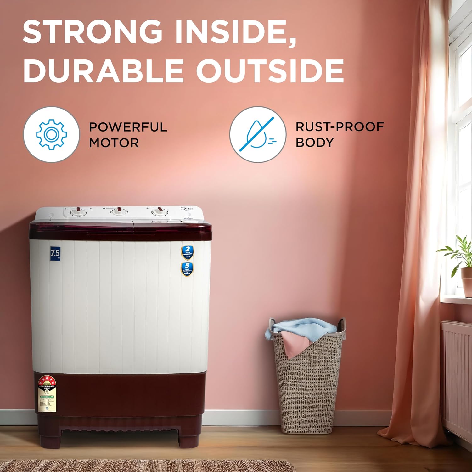 Midea 7.5 kg 5 star Semi Automatic Top Loading Washing Machine, Maroon, Rust proof Body, Air Dry Function (MWMSA075PPG(MW), Rat Away Feature)