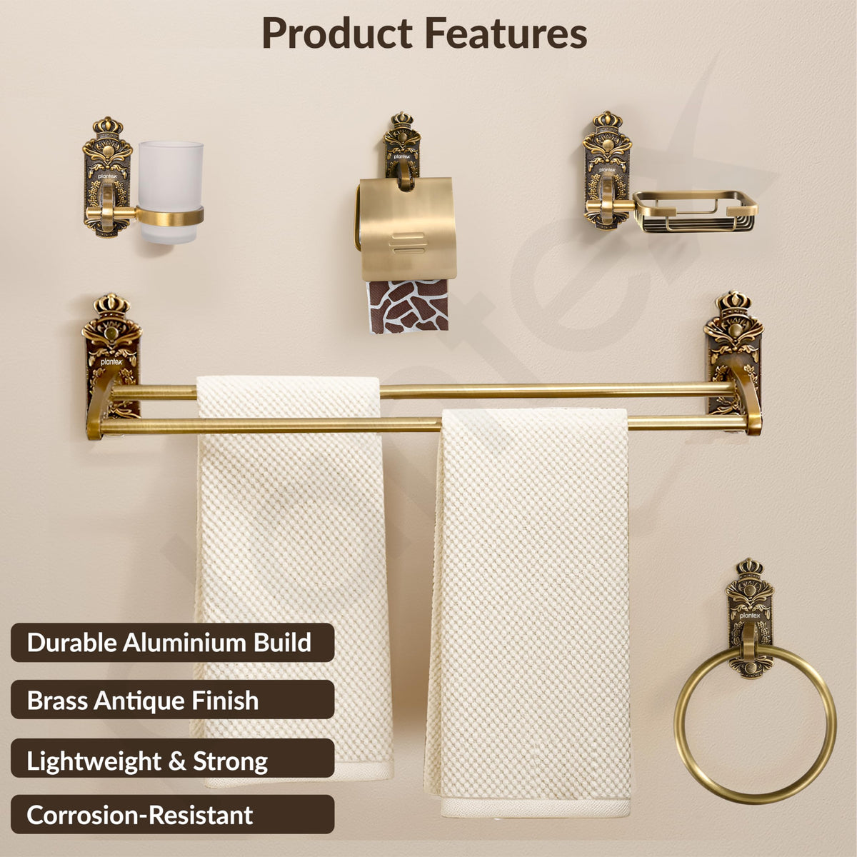 Plantex Aluminium Antique Bathroom Accessories Set Of 5-Pcs/Bathroom Hardware Set (Towel Rod/Napkin Ring/Paper Holder/Soap Dish/Tumbler Holder), Gold-3