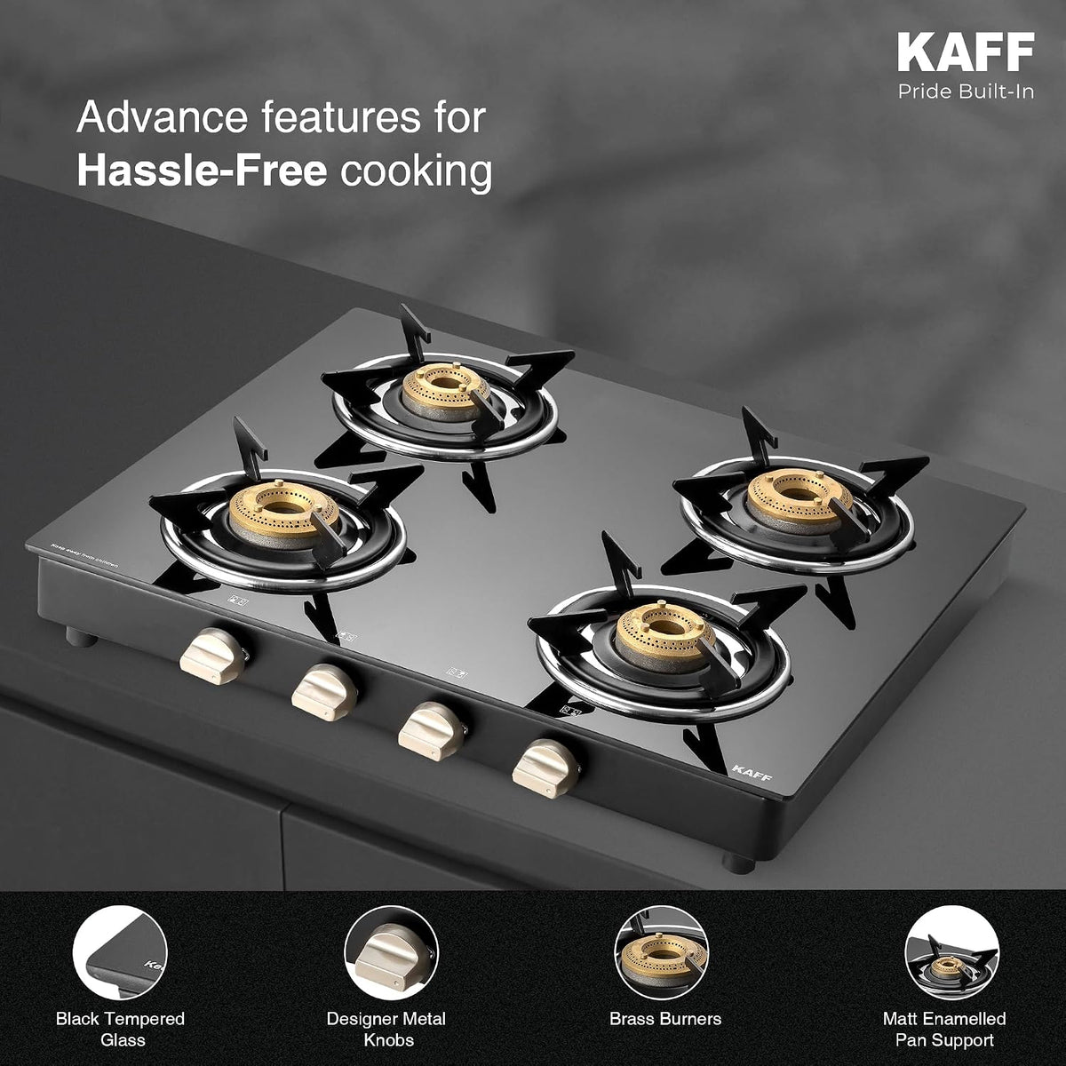 Kaff 4 Burner Gas Stove Top for Kitchen - 58CM Manual Ignition Cooktop For Modular Kitchen |Ergonomic Knob |Tri-Pin Bras