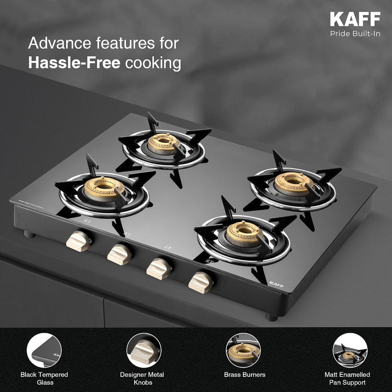 Kaff 4 Burner Gas Stove Top for Kitchen - 58CM Manual Ignition Cooktop For Modular Kitchen |Ergonomic Knob |Tri-Pin Bras