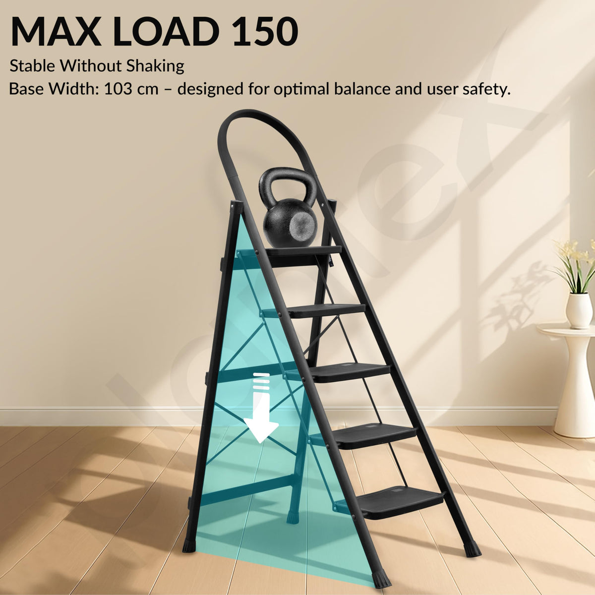 Plantex Hercules Pro 5-Step Foldable Ladder for Home with 150 kg Load Capacity/Heavy-Duty Steel Ladder/Anti-Slip Wide Step/Strong, Stable & Multi-Purpose (Black)-5