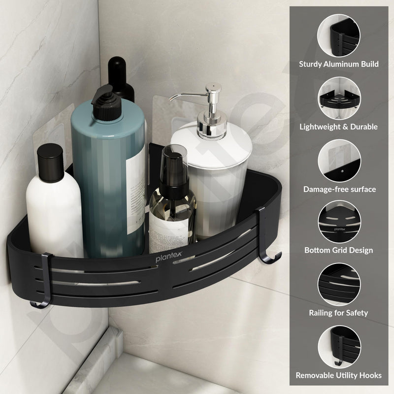 Plantex No Drill Bathroom Corner Shelves/Aluminium Self Adhesive Corner Shelf for Bathroom Wall/Bathroom Shelf Corner with Removable Hooks & Magic Stickers (9x9 inches, Matt Black) - Pack of 2-5