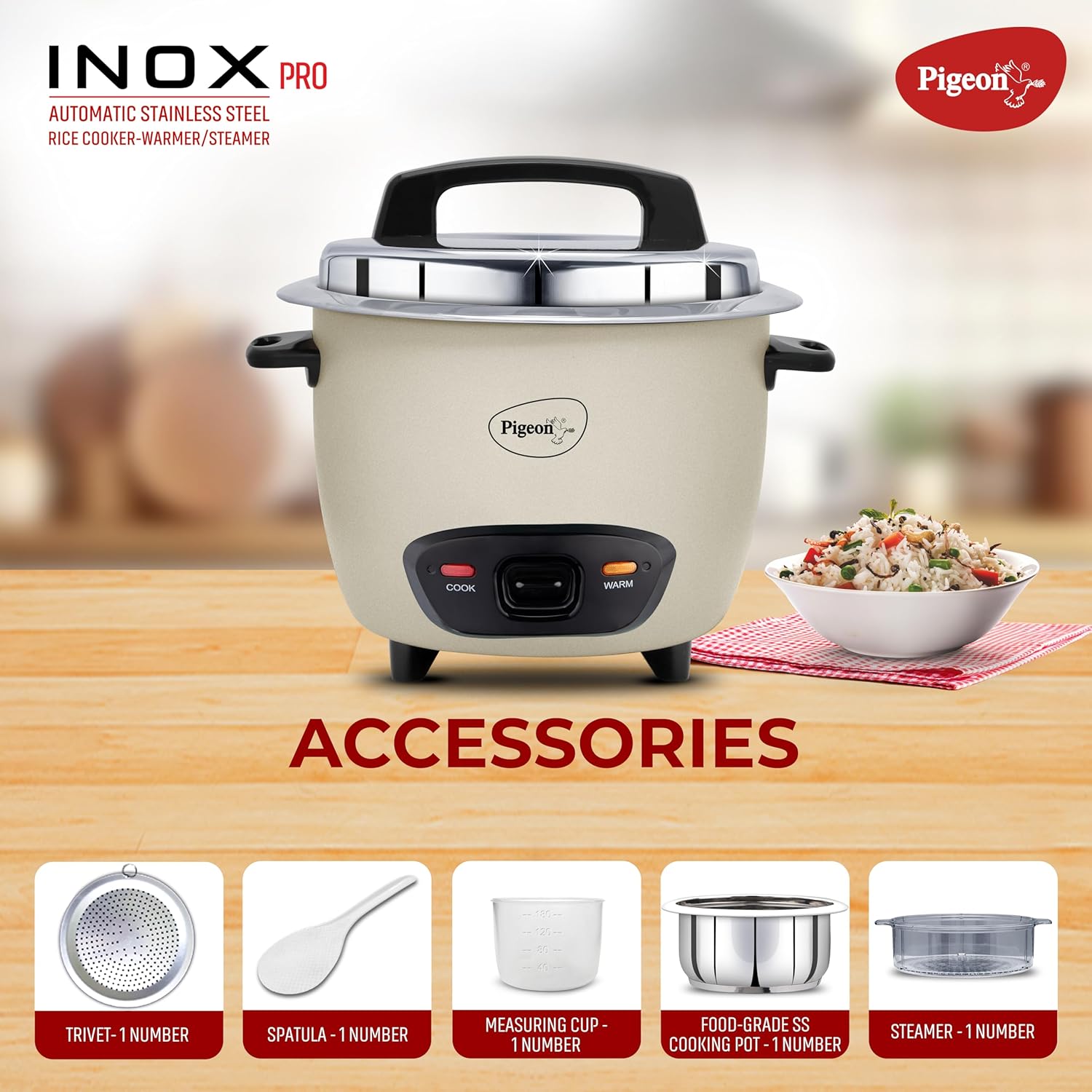 Pigeon Inox Pro Rice Cooker with Steamer, 1.8 litres | Stainless Steel Lid | 700 Watts | 1 Steel Cooking Pot | Measuring Cup | Spatula | Energy Efficient Cooking (Grey)
