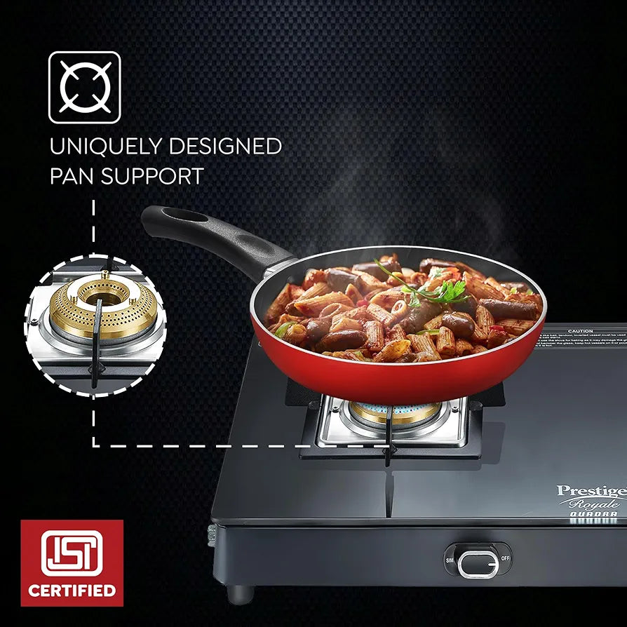 Prestige Royale Quadra 2Burner Gas Stove|Superior Toughened Glasstop with 5-Year Warranty |3-Way Nozzle Design|Tri-Pin Jumbo Burner|Uniquely Designed Pan Support |Elegantly Designed Knobs|Black