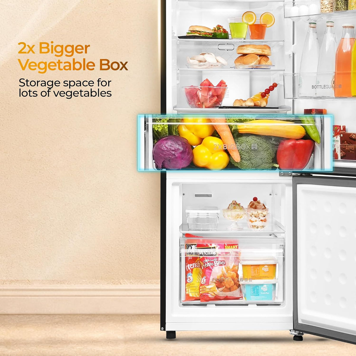 Haier 237 L 2 Star Frost Free Twin Inverter Double Door Bottom Mount Refrigerator with Extra Spacious 2X Veg Box (HEB-242EGSA-P, Moon Silver, 2026)-5